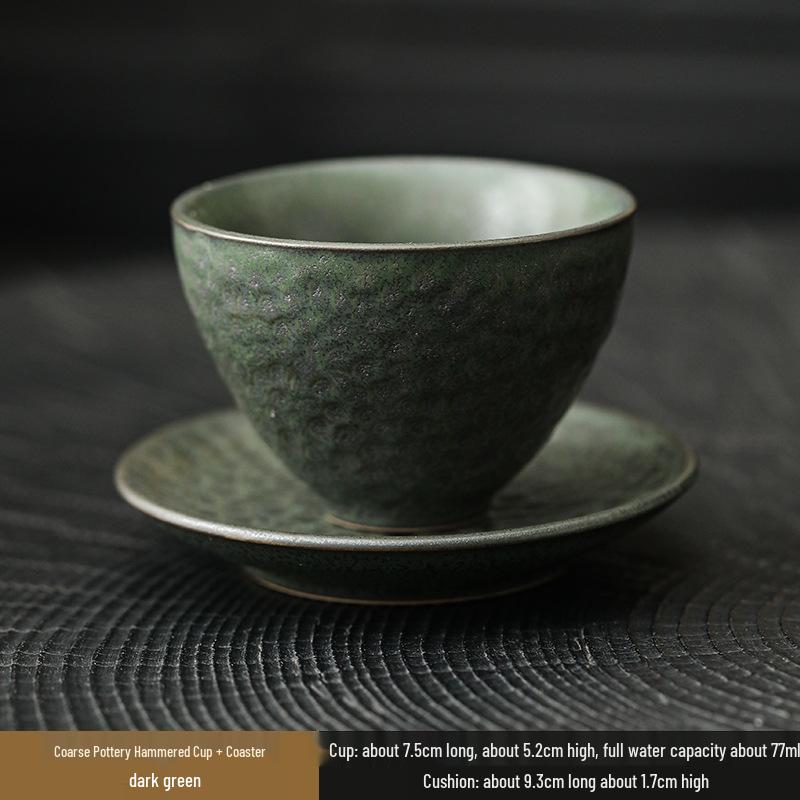 Handmade Jianzhan Coarse Pottery Teacup Set with Hammered Pattern - Retro Ceramic Kung Fu Tea Cup & Coaster