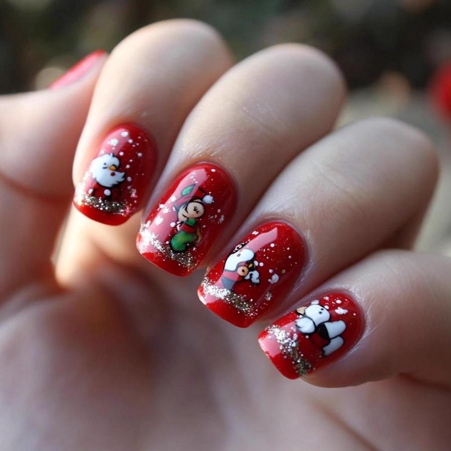 Cartoon Christmas Red Manicure: 24-Piece Cute Wearable Fake Nail Stickers Set