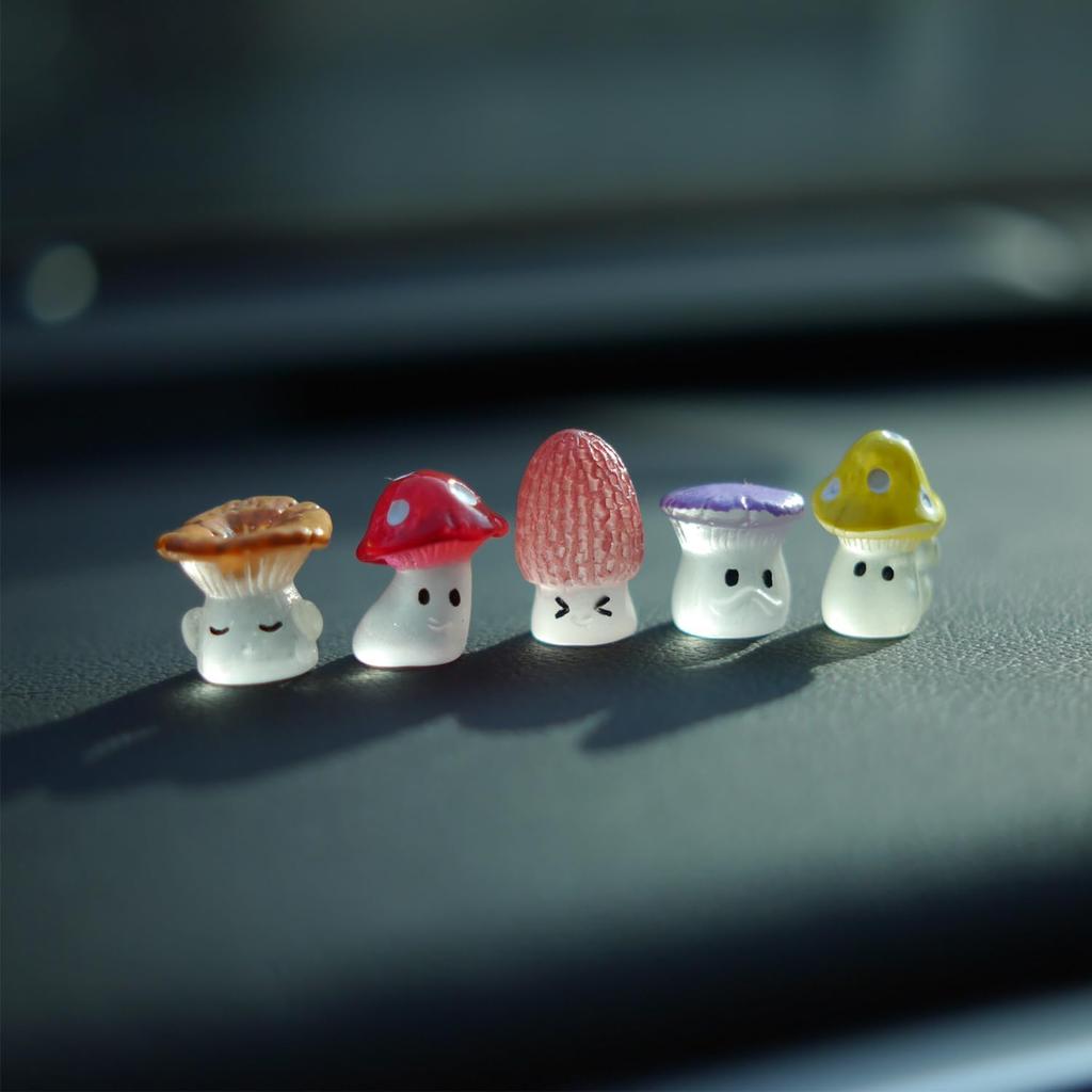 10Pcs Cute Glow in Dark Mini Mushroom Resin Figurines Car Interior Decoration Rearview Mirror Accessories Dashboard Ornament for Micro Landscape