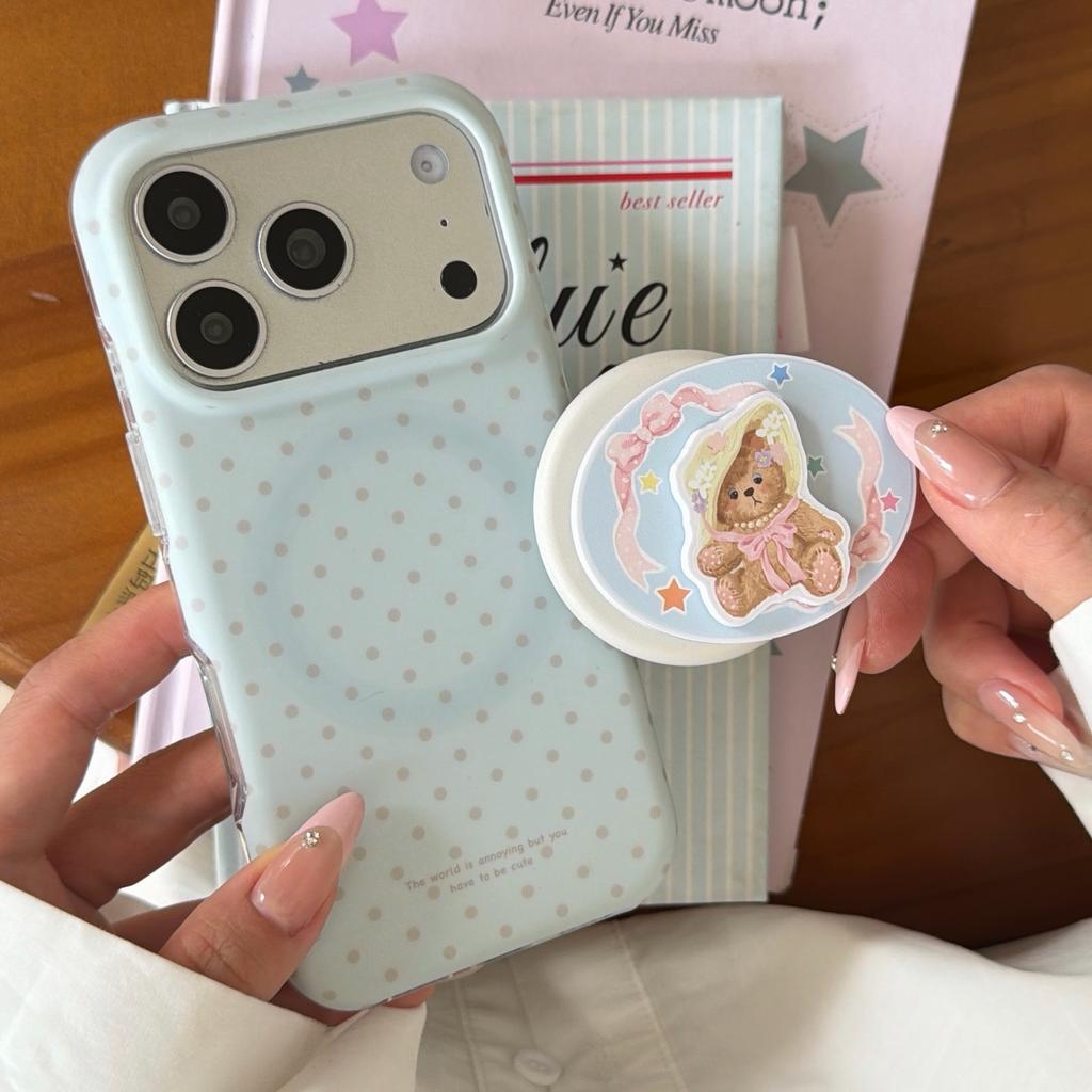 Small Fresh Isn't Blue Polka Dot Magnetic Case, Suitable for Apple 17promax Mobile Phone Case iPhone16 Bear Bracket 15promax.