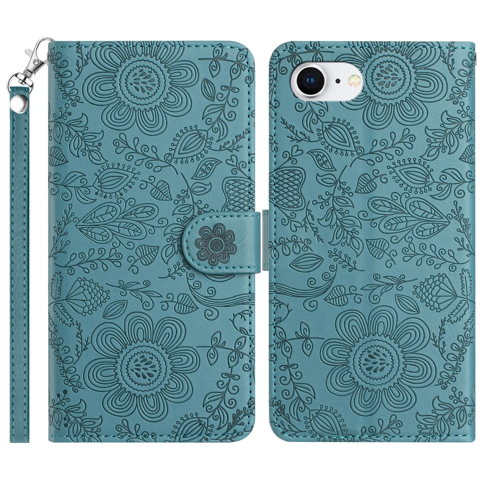 

For iPhone 16e Case Flower Imprint Leather Flip Wallet Phone Cover with Wrist Strap Blackish Green