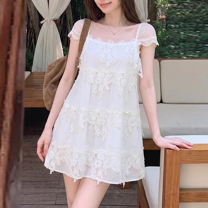 ZANZEA Women Summer Casual Off Shoulder Short Sleeve Lace Mini Dress S