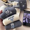 Grey Embroidered Cartoon Bear Mid-calf Socks for Women, Thick and Warm Woolen Socks for Autumn and Winter