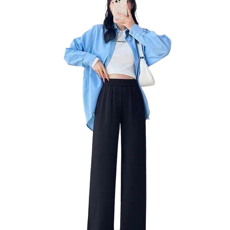 Women's High-Waist Black Wide-Leg Pants: 2026 Spring/Summer Petite Casual Drapey Long Straight Pants