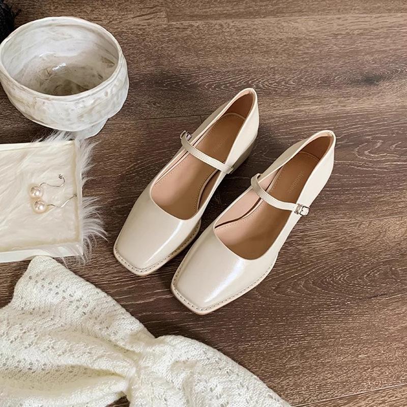 Grape mother has the same temperament, square head and thin word with light mouth commuting thick high heel Mary Jane single shoes women