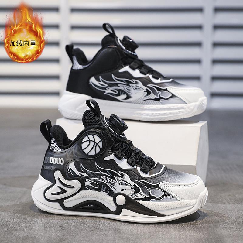 Autumn Middle and Older Children's New Rotating Velvet Boys' Shoes Buckle Children's Mesh Sports Shoes Basketball Shoes Cotton 2025