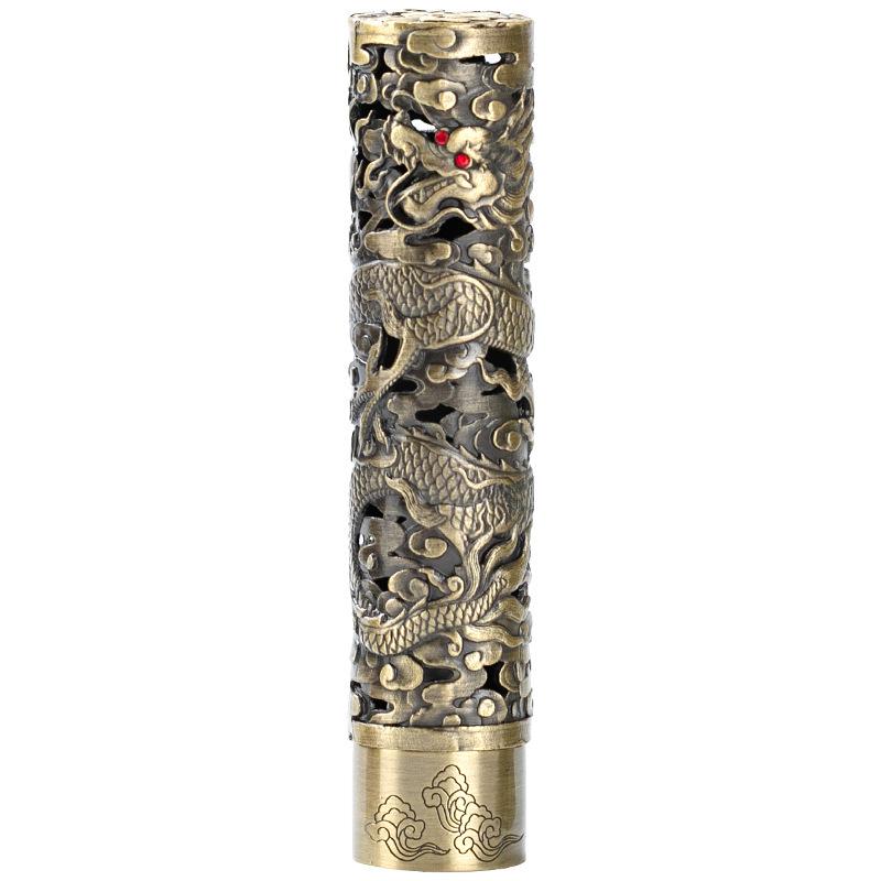 Alloy Cylindrical Incense Burner with Phoenix and Dragon Design for Indoor Sandalwood Offering to Buddha.