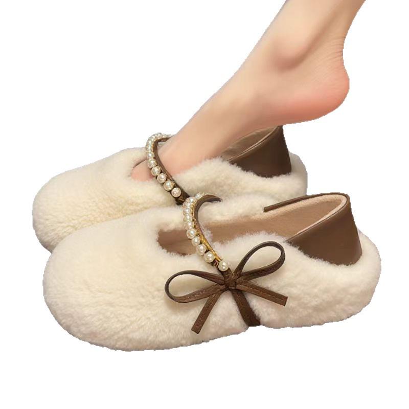 Korean Style Pearl Bow Faux Fur Loafers for Women - Autumn 2025