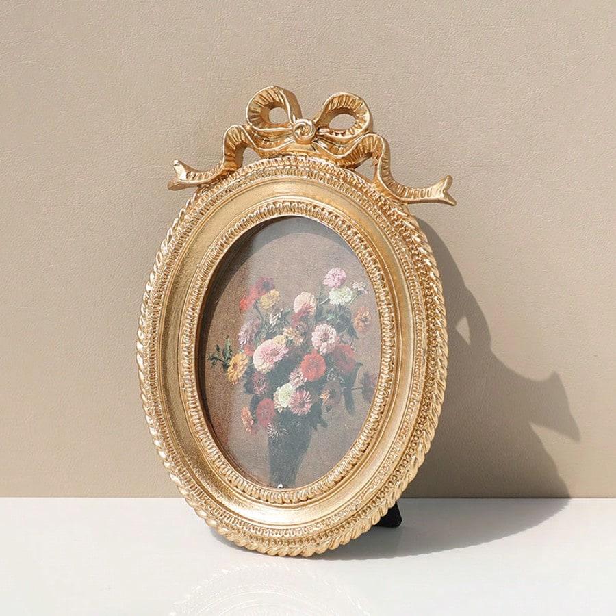 Classic Retro Photo Frame, Vintage Faux Wood Carving Frame, Decorative Desktop/Wall Frame, Gold Floral Engraving, Home Decor, Resin Frame