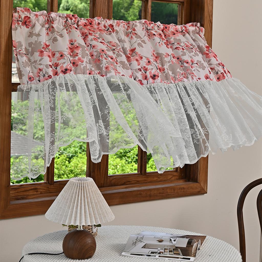 Printed Piercing Rod Short Curtain Semi-Blackout Lace Window Screen Finished Curtain Kitchen Study Partition Curtain