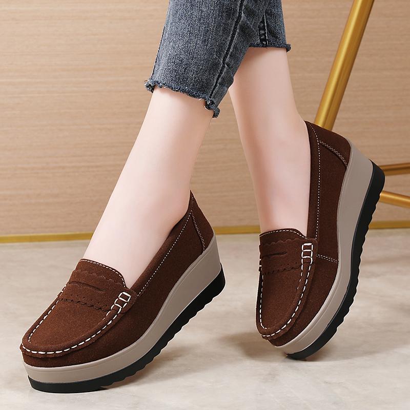 2025 New Women's Thick-soled Platform Women Shoes Flats Sneakers Suede Leather Casual Slip On Flats Heels Creepers Moccasins
