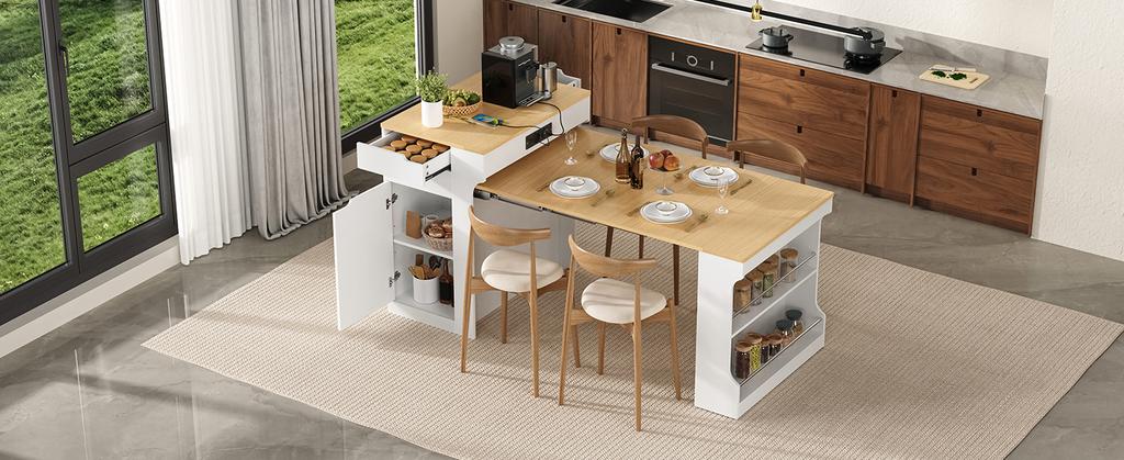 Kitchen Island with Casters, Extendable Dining Table with Power Strips and Two Drawers, Serves As Sideboard or Buffet for Dining Room (White)