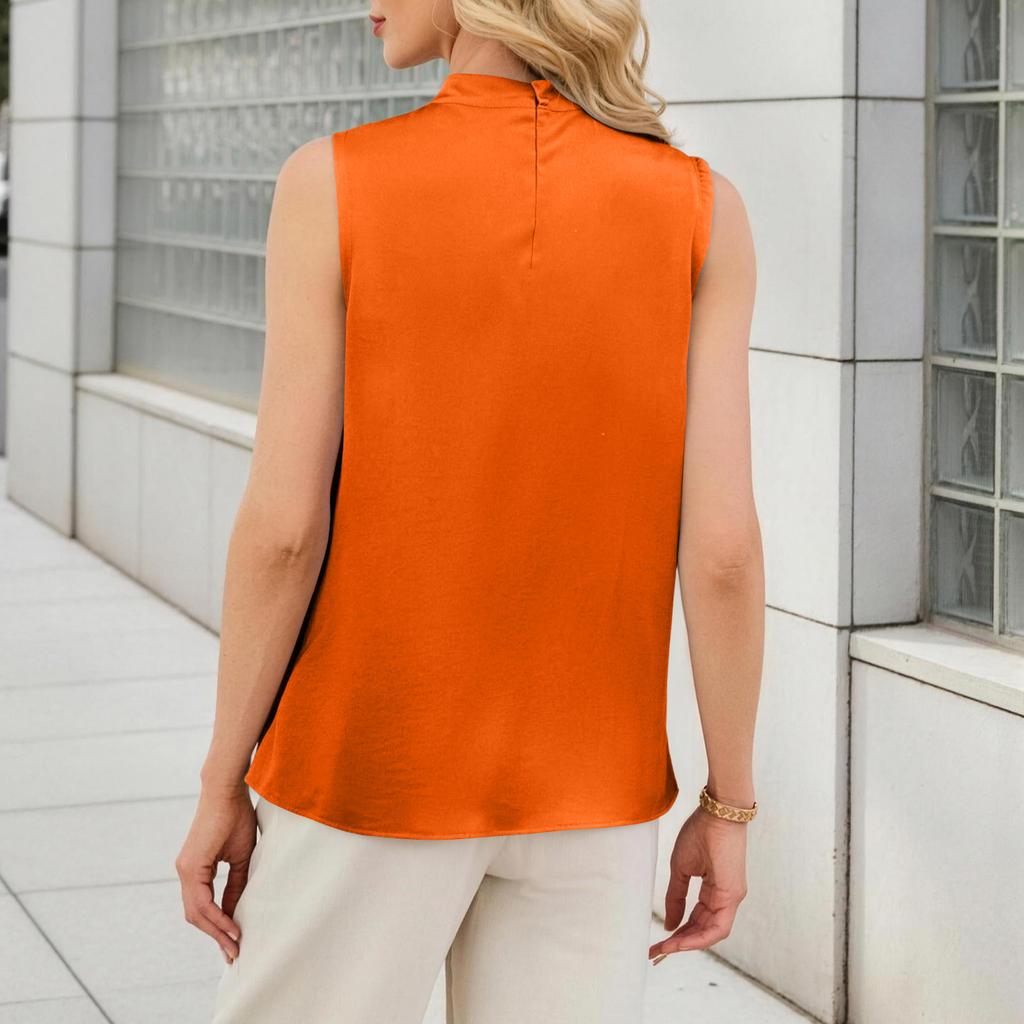 Women’s Summer Pleated Sleeveless Blouse Business Casual Top with High Neck and Relaxed Fit for Office or Daily Wear