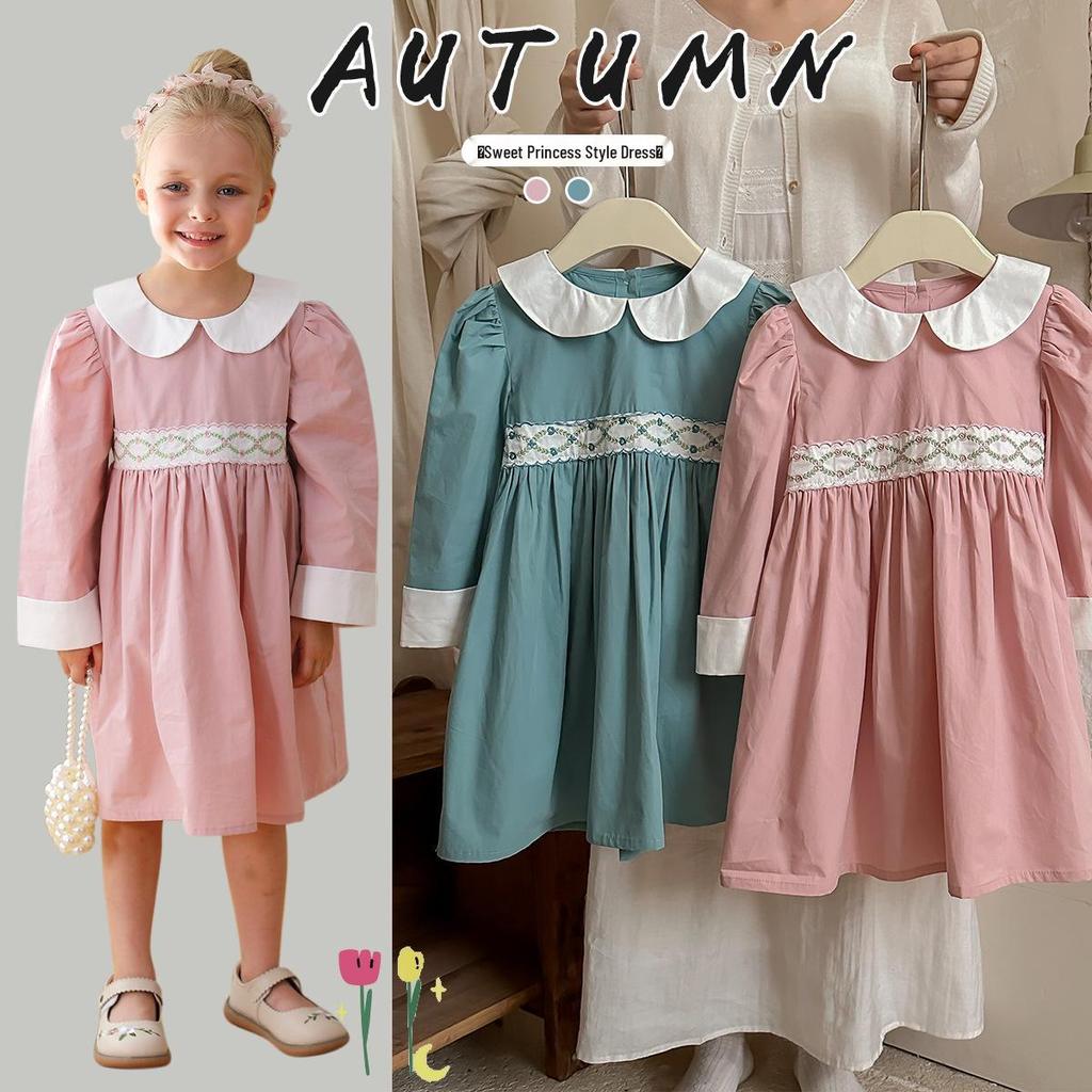 Frühling 2026 Mädchen Langarm Kleid mit Puppenkragen: Französisches Rattan, Florale Stickerei, Colorblocking, Reine Baumwolle, Süßer Prinzessinnen-Stil