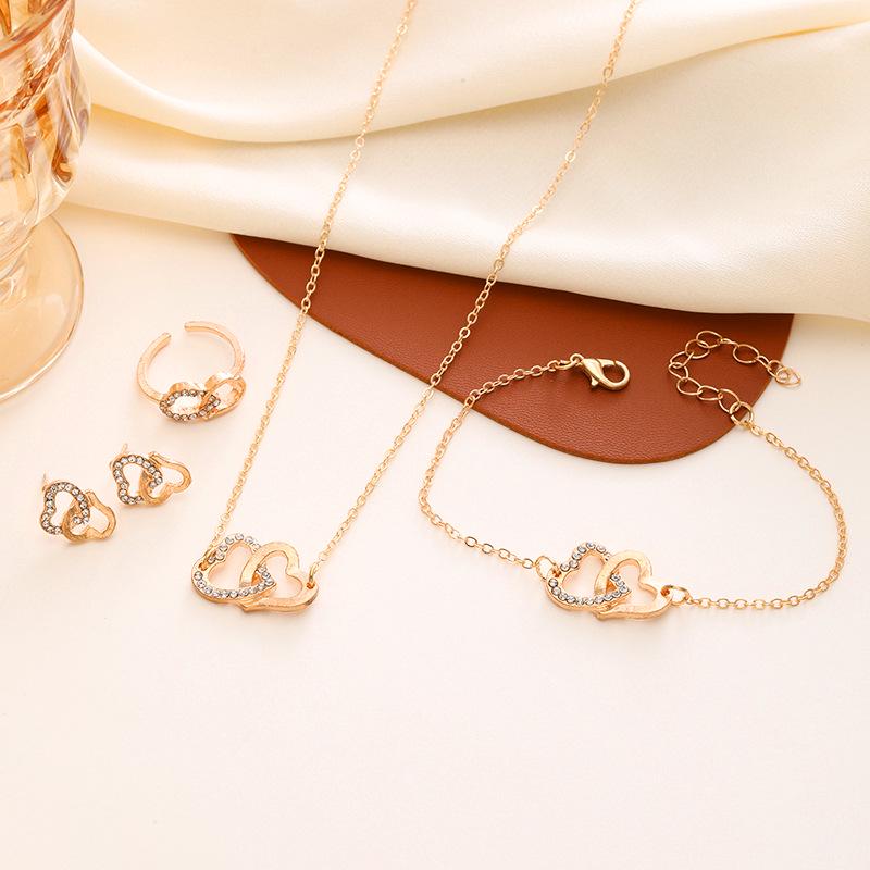 Elegant Double Heart Necklace & Bracelet Jewelry Set - Luxury Bridal Collection