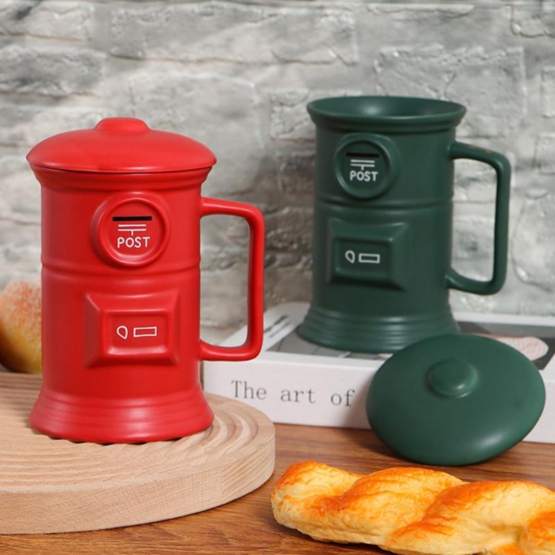 Retro Mailbox Shape Coffee Cup 500ml Ceramic Drinking Mug with Handle and Lid For Birthday Christmas Gift And Daily Use