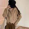2025 Autumn/Winter Women's Korean Style Fringe Raw Edge Hooded Sweater - Loose Short Zip-Up Knitwear Top