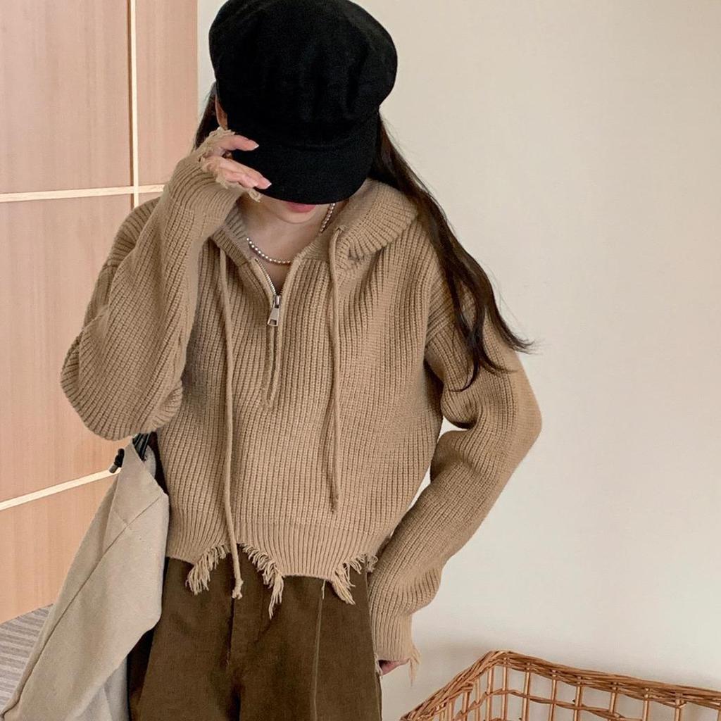 2025 Autumn/Winter Women's Korean Style Fringe Raw Edge Hooded Sweater - Loose Short Zip-Up Knitwear Top