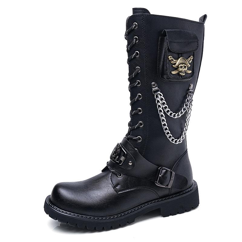 Luxury Mens Leather Boots Fashion Motorcycle Boots Punk Rock Gothic Boots for Men Lace-up Cowboy Boot Mid-calf Knight Boot Botas