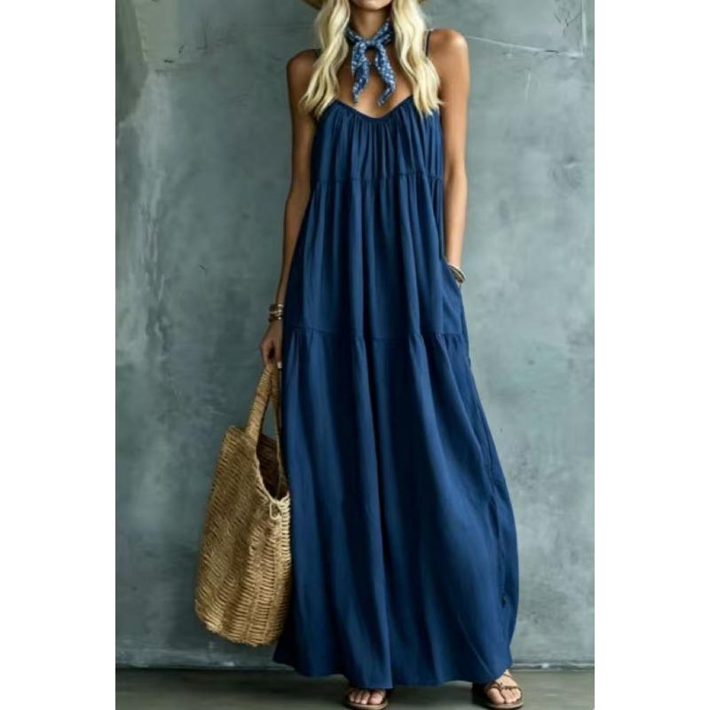 Women Summer Boho Spaghetti Strap Tiered Maxi Dress, Loose Flowy Pocket Solid Sundress, Lightweight Blend Fabric Casual Beach Resort Vacation Dress