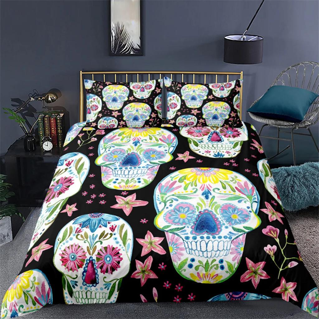Skull Floral Skull Duvet Cover Full Size Gothic Skull Rose Bones Skeleton For Kids Women Men Red Black For Bedroom Decorations