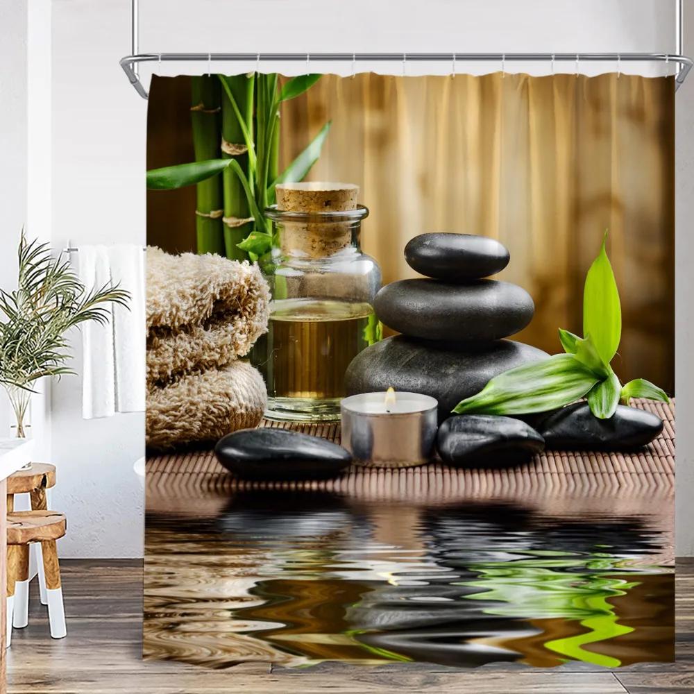 Zen Shower Curtains Black Stone Green Bamboo Lotus Spa Candle Purple Orchid Natural Leaf Bathroom Curtain Meditation Bath Decor