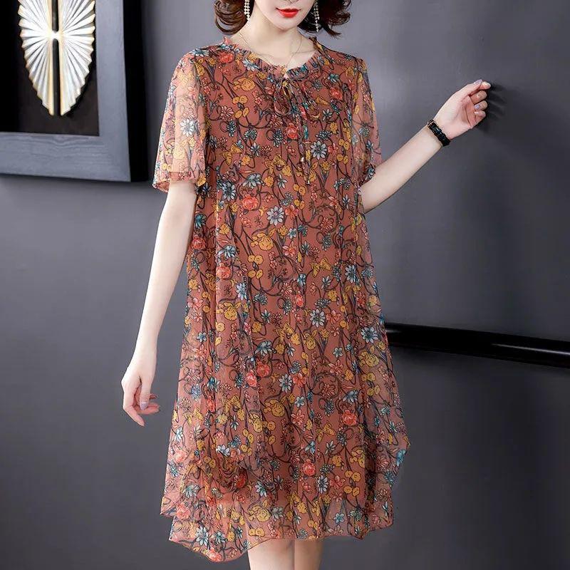 Chiffon Blumenkleid L-XXXXXL Damen Sommer Schleier Kurzarm Rundhals Leicht und Atmungsaktiv