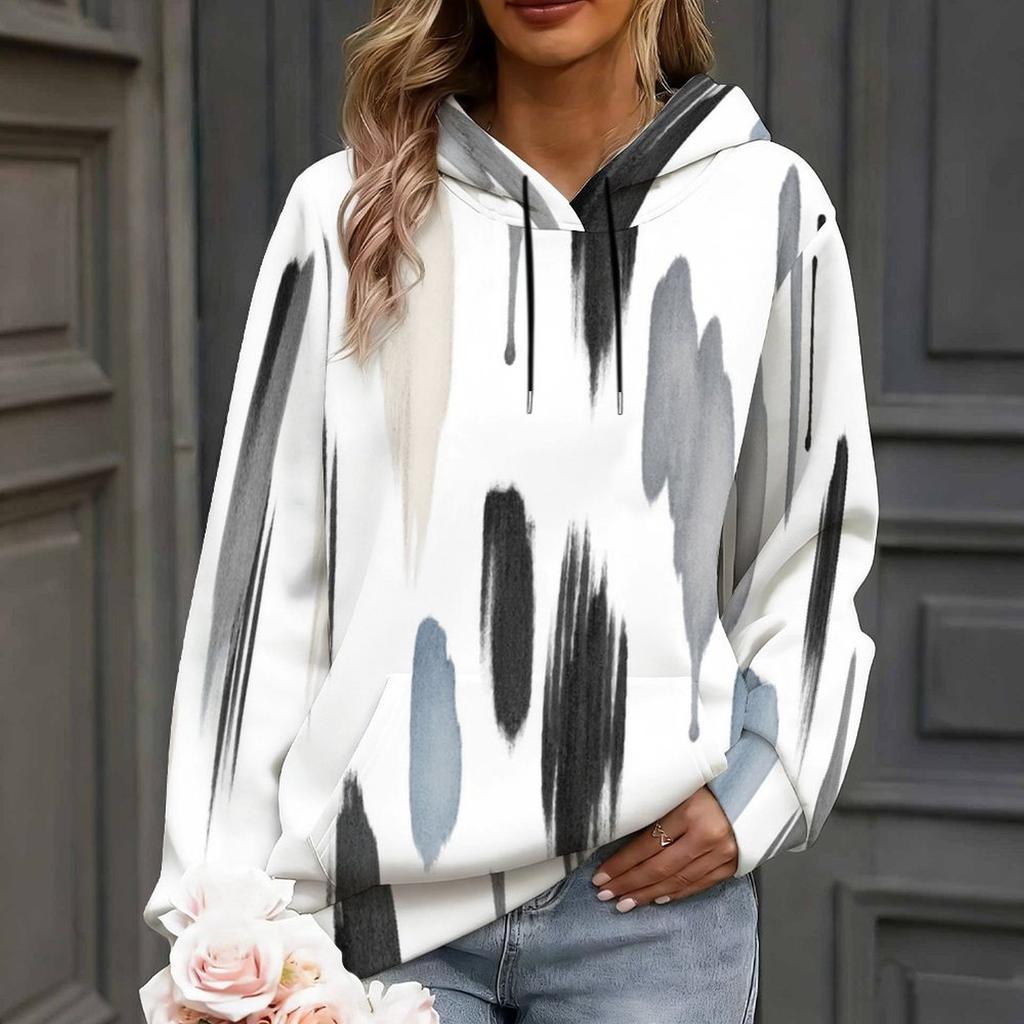 Women Plus Size Colorful Brush Print Long Sleeve Kangaroo Pocket Drawstring Hoodie