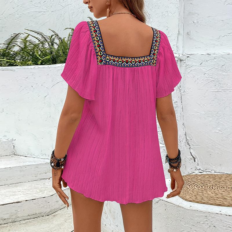 Vacation Style Lace Embroidered Square Neck Shirt Pullover with Lotus Leaf Short Sleeved Backless Design Women’s Blouses & Shirts