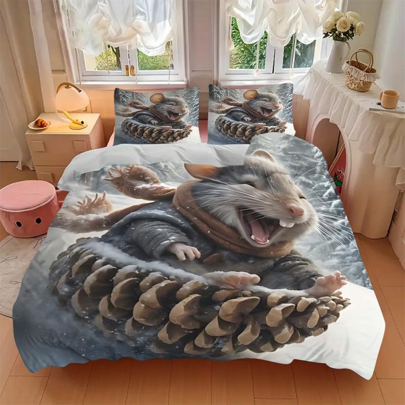3pcs Anime Mouse Pinecone Bedding Set - Includes One Quilt Cover and Two Pillowcases (No Core) - Festive Gift for Bedroom Decor - Polyester