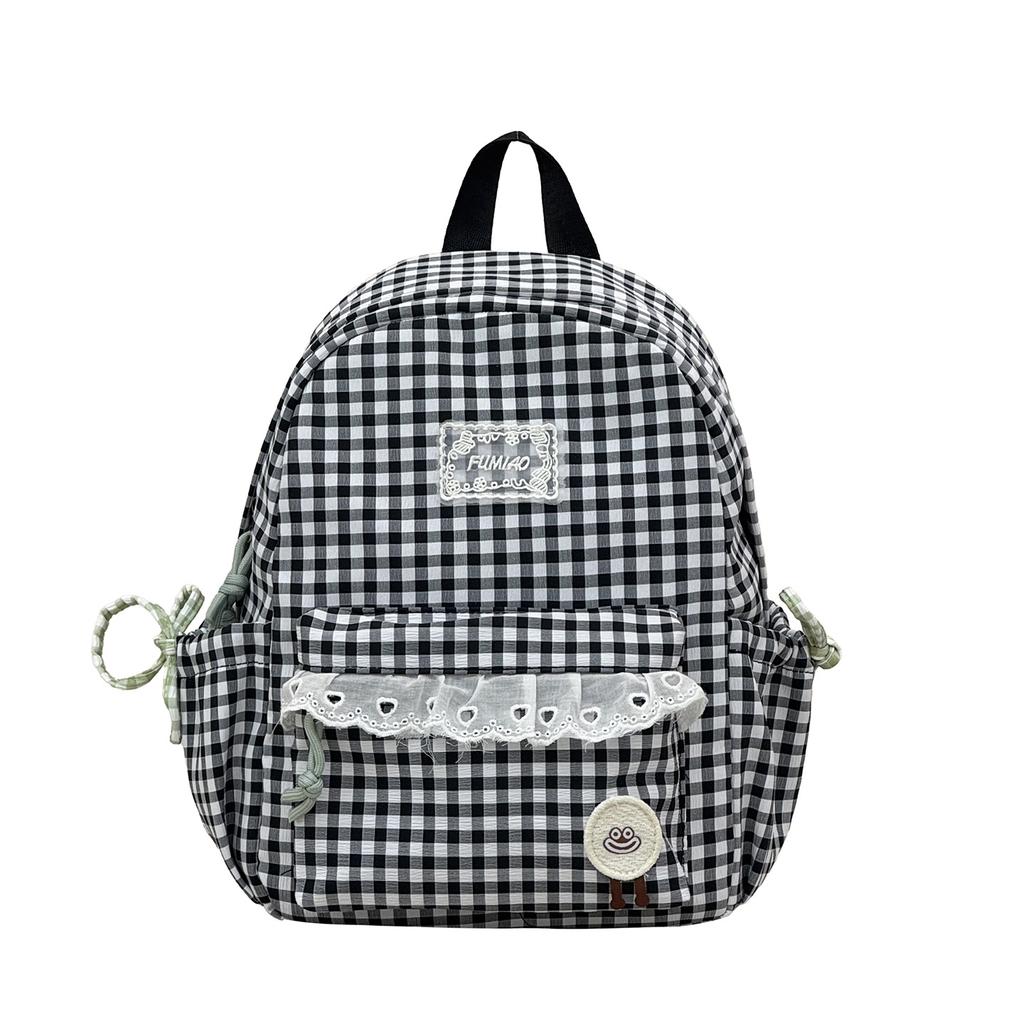 Schoolbag high-value plaid schoolbag women's new lace girl heart backpack Japanese sweet student travel backpack