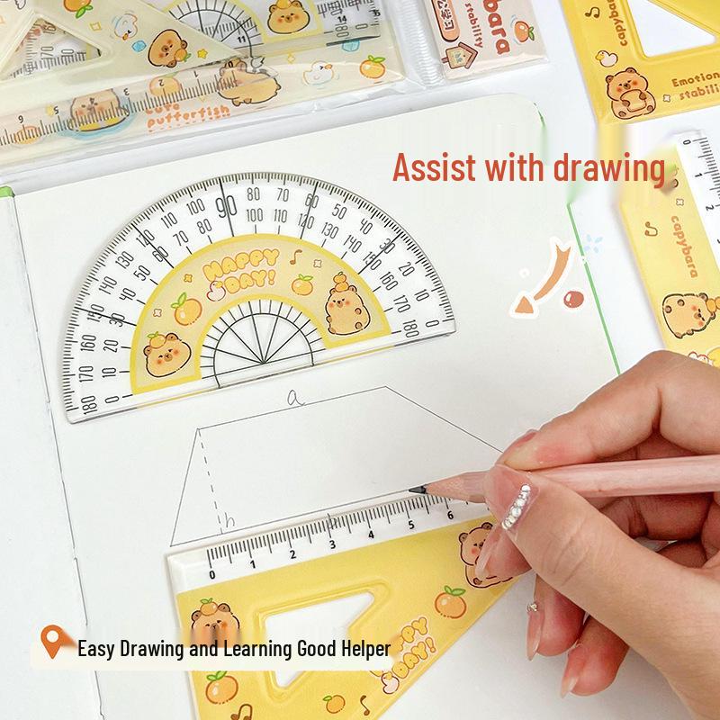 Capybara Cartoon Ruler Set: 4-Piece Portable Student Stationery - Square, Triangle, and Straight Rulers
