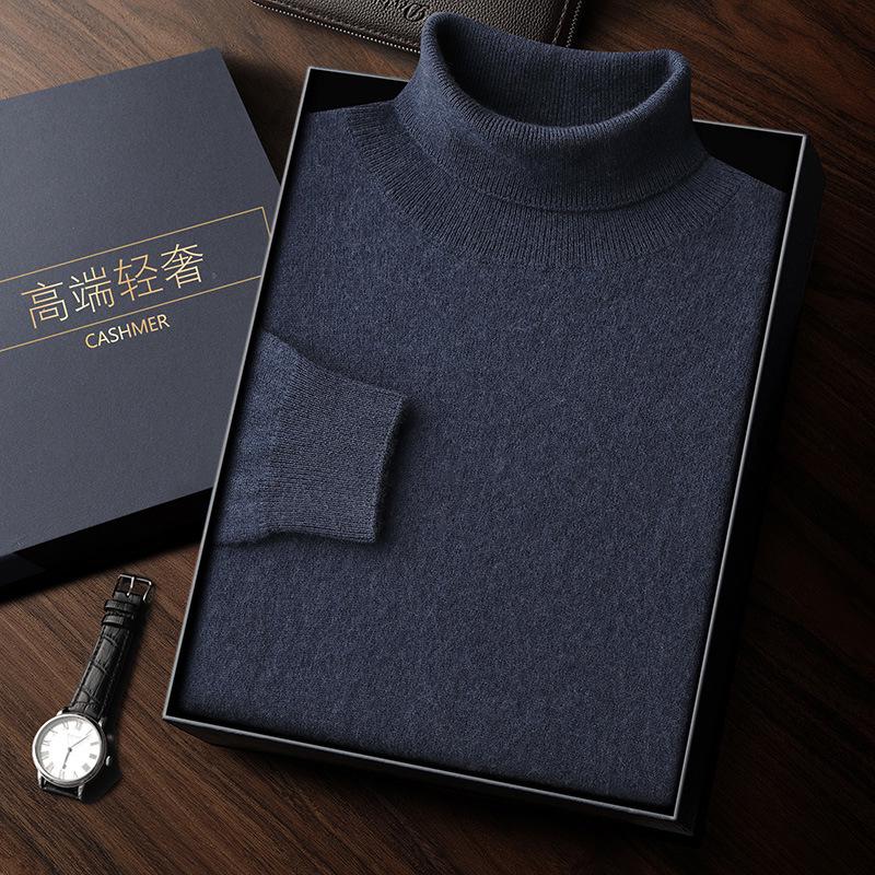 Men's High Neck Cashmere Sweater - Solid Color, Long Sleeve Knitwear for Casual and Business Wear