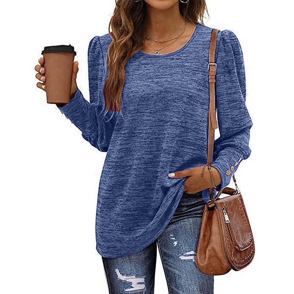 Women's Fashion Color Loose Casual Puffed Sleeves Round Neck Long Sleeve Tee Shirt Top