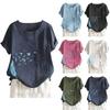 Ladies' Fashionable And Casual Cotton And Linen Short-sleeved Top With Buttons, Round-neck Floral Print T-shirt