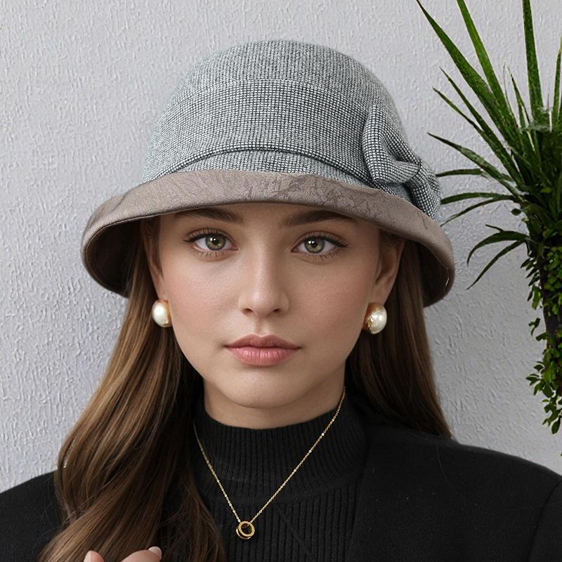Plaid Bow Bucket Hat Women's Autumn and Winter Elegant Fashion Basin Hat