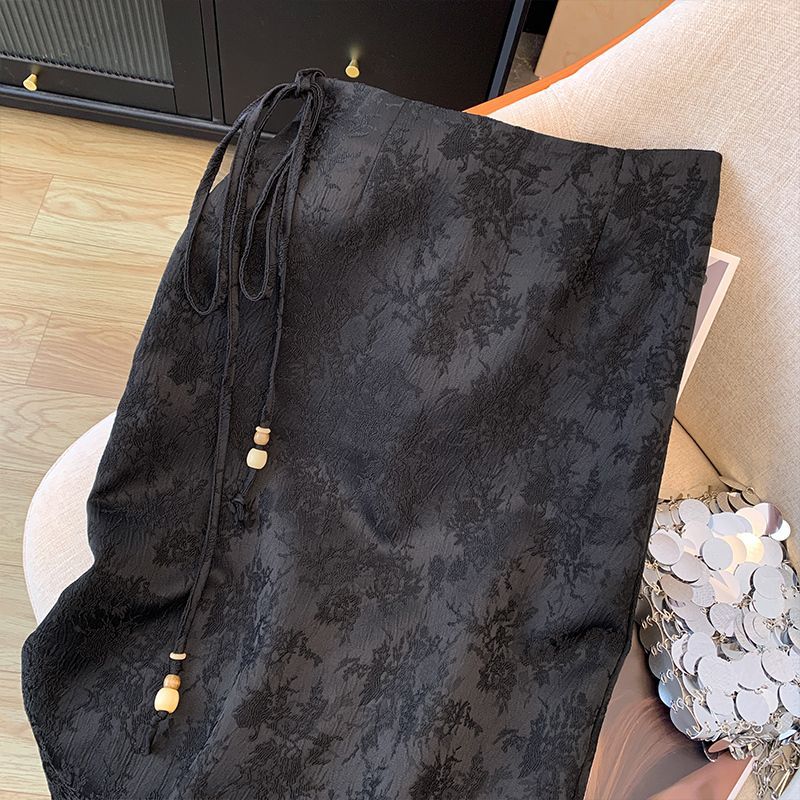 New Chinese Style Retro Jacquard Skirt Women's High Waist Mid-length Slit One-step Skirt