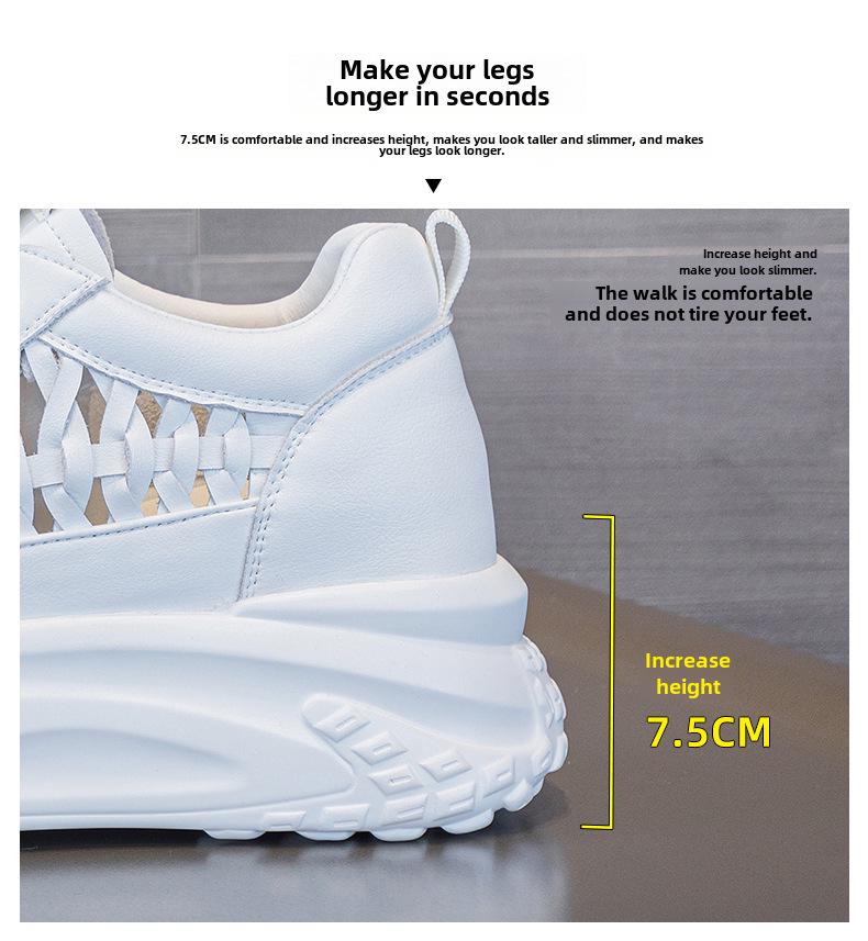 Sandale albe, casual, cu talpă joasă, pentru femei, vara 2024, respirabile, cu talpă groasă și călcâi interior ridicat, design sport din piele naturală.