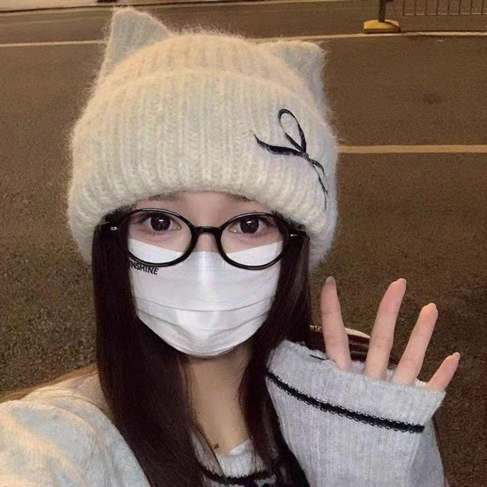 Solid Color Cat Ear Beanie Thickened Knitted Skullies Soft Knitted Woolen Hat  Autumn