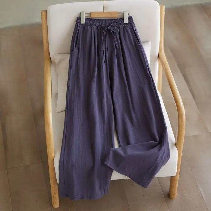 Loose Cotton Linen Wide Leg Pants Women's Summer Autumn Style Artistic Simple Elastic Waist Meat Concealing Trousers
