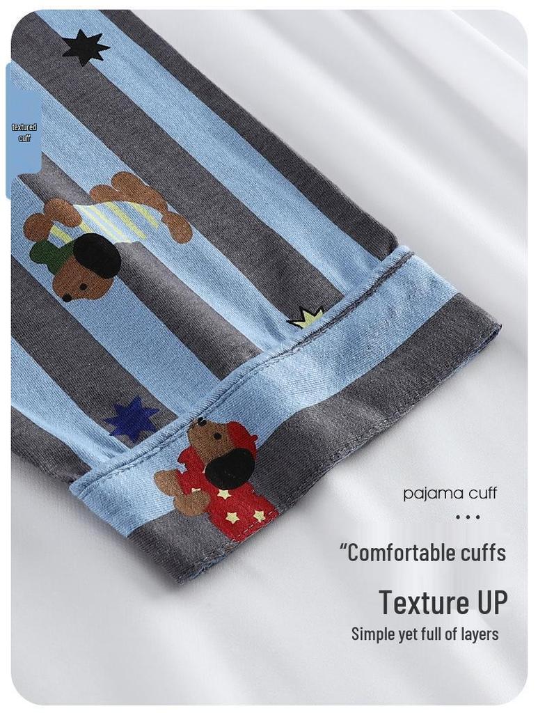 Men's Long Sleeve Striped Sausage Dog Pajamas - Pure Cotton, Spring/Autumn, Wearable Outdoors, Teen Sizes Available