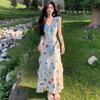 French Summer Seaside Vacation V-neck Waist Thin Floral Smudge Dopamine A Word Niche Long Skirt