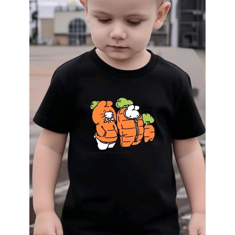 European Size Boys Round-neck Short-sleeved T-shirt with Carrot and Rabbit Pattern Print 98cm