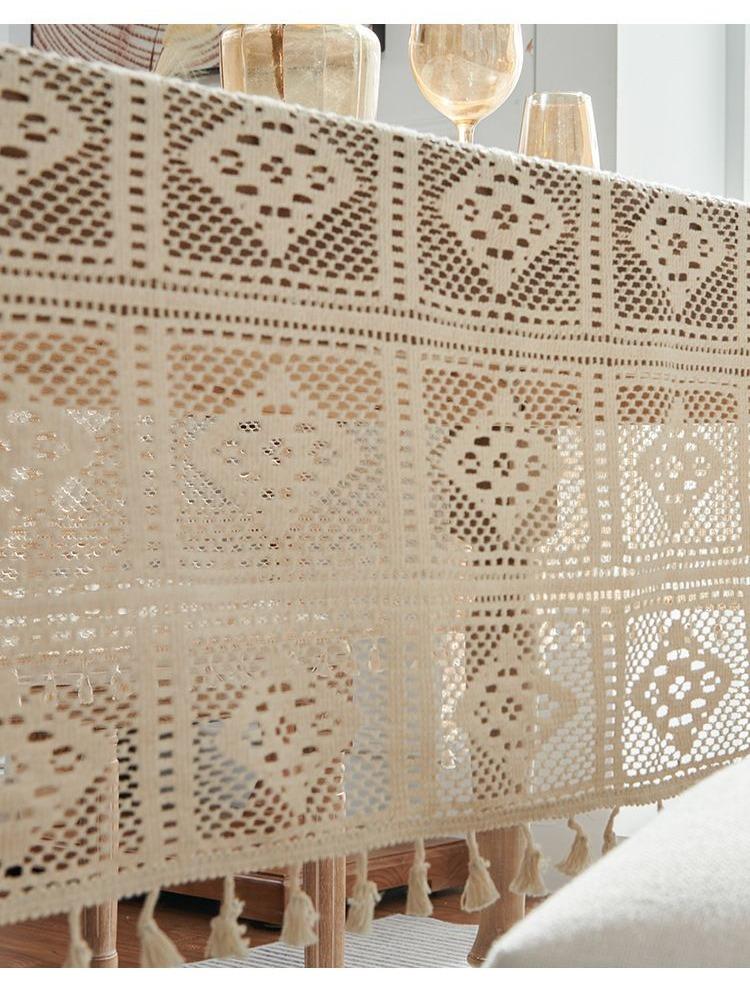 Retro Crochet Desktop Set, Countryside Style Hollow Tassel Tablecloth, Beige Fresh Square Tablecloth, Desktop, Wedding, Long Table, Dressing Table
