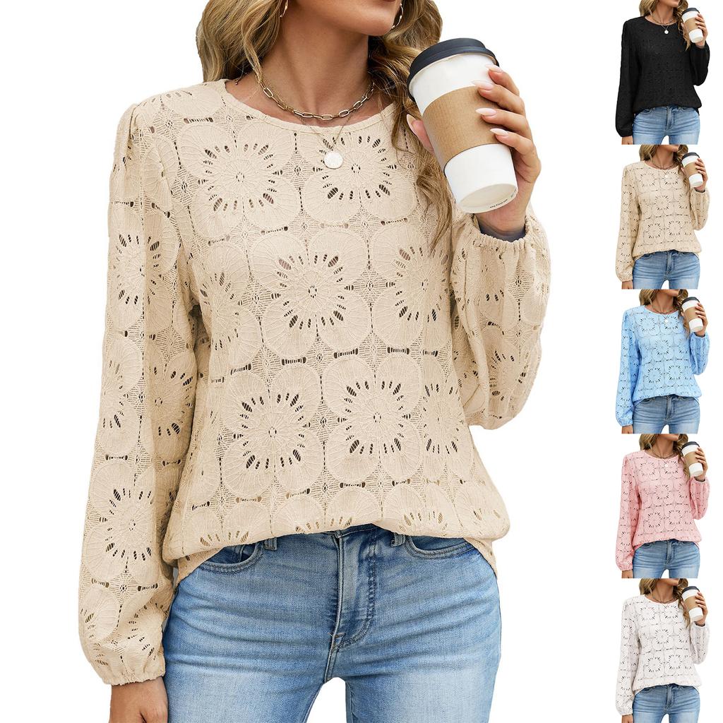 Women Long Sleeve Hollow Out Lace Top Crew Neck Loose Fit Blouse Floral Pattern Casual Shirt for Everyday Wear