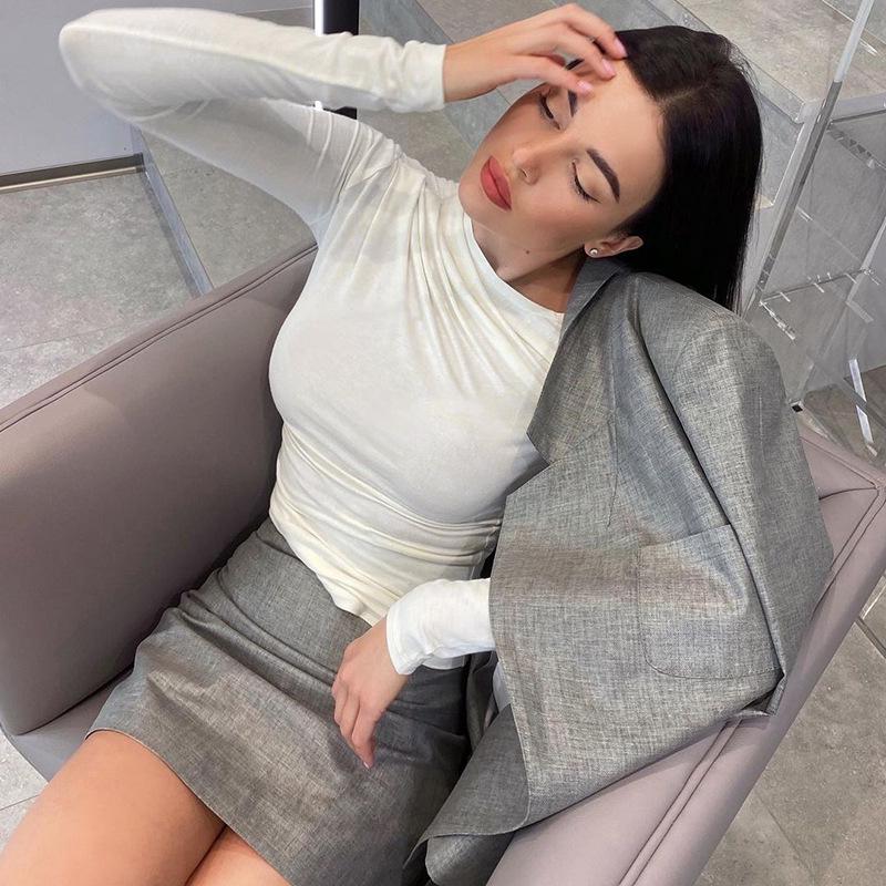 New INS Autumn/Winter Solid Color Asymmetrical Ruched Long Sleeve Slimming T-shirt Base Layer