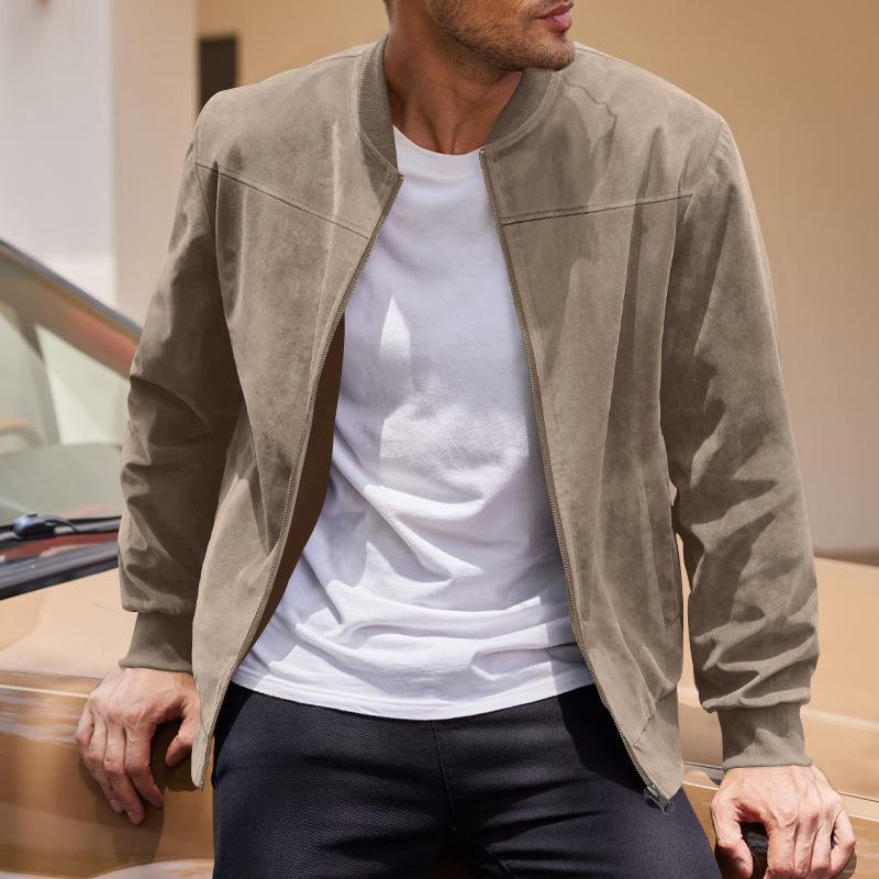 Men's Retro Suede Stand Collar Jacket - Loose Fit, Zipper Cardigan Coat, Trendy and Fashionable for Autumn/Winter