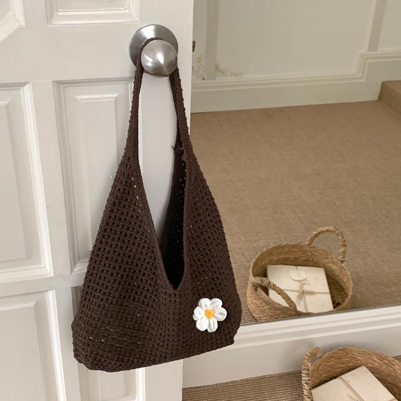Flower Print Knit Bag for Women Hollow Out Mesh Tote Shoulder Purse Soft Woven Handbag Casual Daily Outing Bag