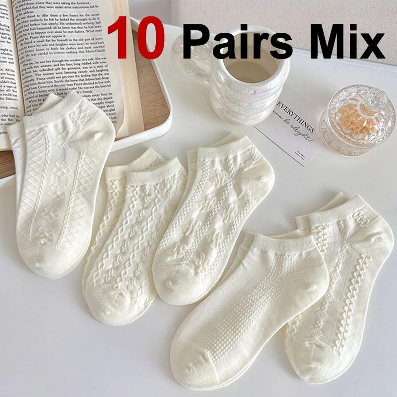5/10 Pairs Women White Striped Short Socks Fashionable Lolita Jk Style Soft Comfortable Sweat Absorbing Breathable Casual Socks