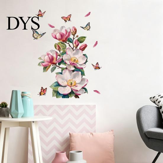 Decorative PVC Wall Murals Magnolia Butterfly Decal, Self Adhesive Waterproof Home Decor Sticker for Creative Gift Living Room Bedroom, Elegant